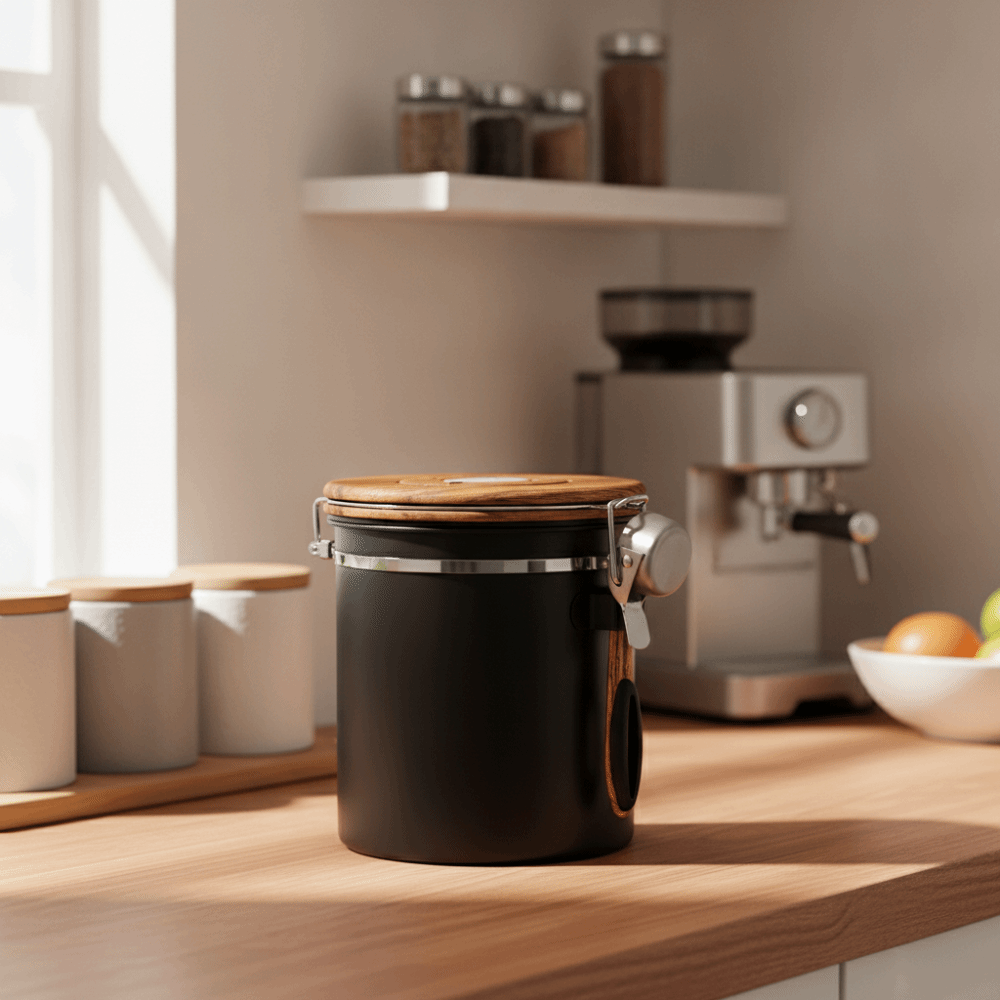 Coffee Tea And Bean Leaf - 304ステンレス製コーヒー豆保存容器 密閉型 スプーン付き 茶葉キャニスター 木目調蓋 防湿
