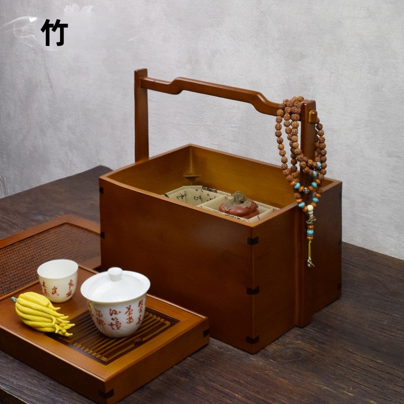 Bamboo Tea Tray - 携帯用旅行竹茶器収納ボックス、茶盆付き、防塵卓上竹茶箱、茶道用ポットカップ