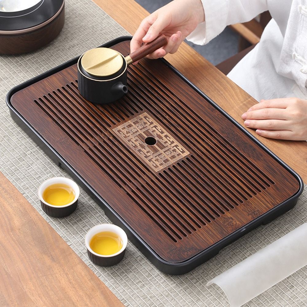 Bamboo Tea Tray - 新しい竹製ティートレイ 43.5x26.5cm 貯水ティーサービングトレイ付き シンプルな排水カンフーティーテーブルパーティー
