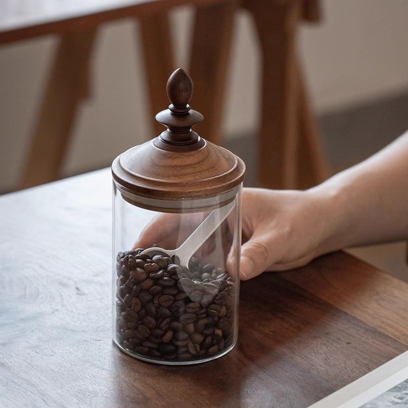 Coffee Tea And Bean Leaf - アメリカンスタイル家庭用コーヒー豆保存瓶 高級感のある装飾 茶葉保存 ガラス密封瓶 クルミ材蓋