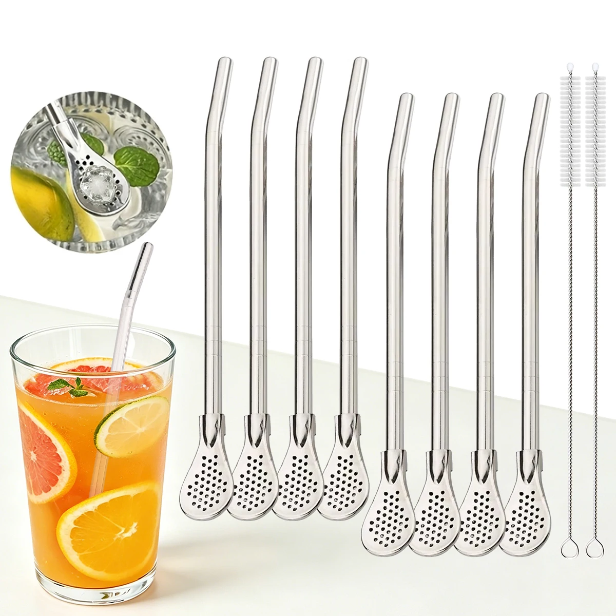 Coffee Tea Spoon - 8個入りフィルターティースプーンセット 再利用可能なステンレス製ストローと2個のクリーニングブラシ付き バーカクテルティーコーヒーアクセサリー