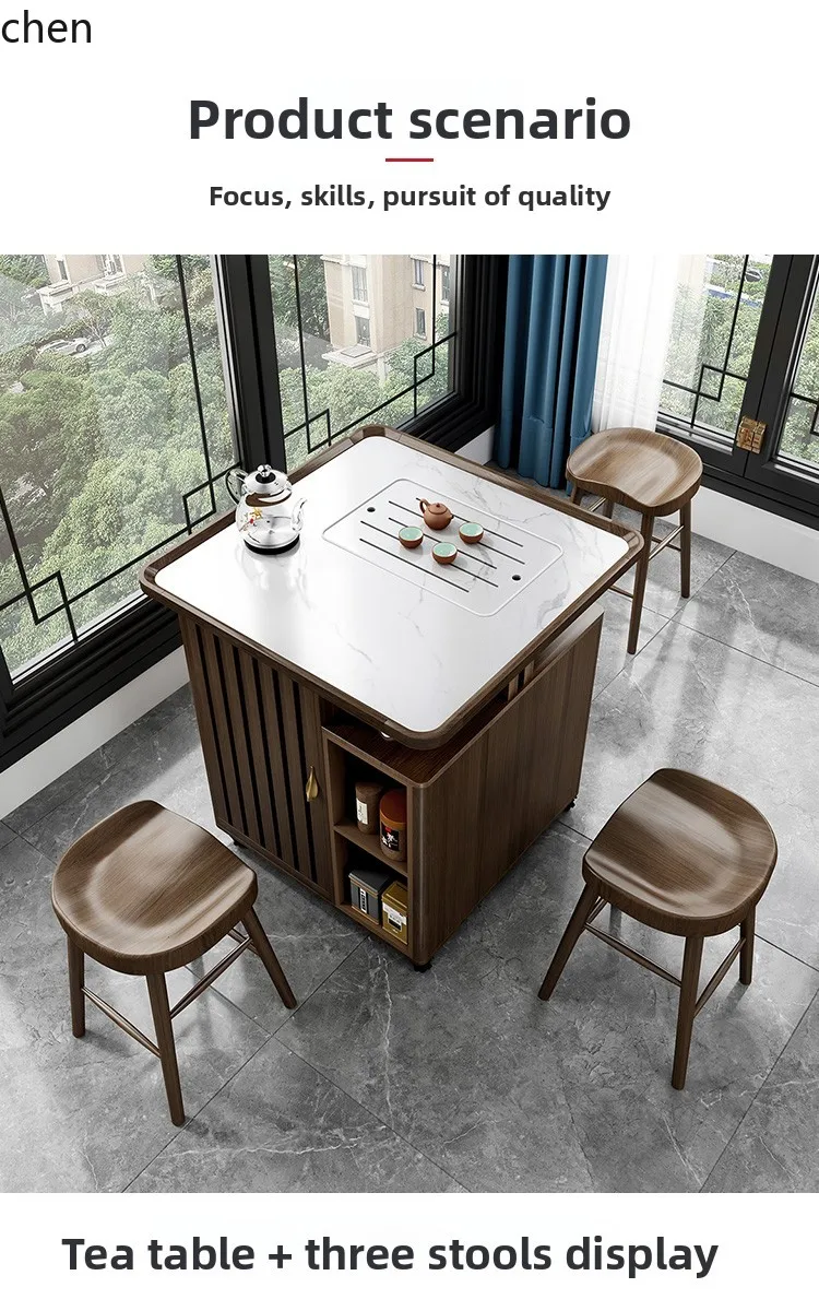 Tea & Coffee Kent - i5.15 バルコニーティーテーブルと椅子セット（車輪付き、石板と無垢材使用）、小さな家に最適、禅スタイルティーカート