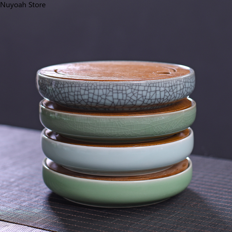 Bamboo Tea Tray - 竹の麺を飲むための丸いティートレイ,水を乾燥させるためのセラミック容器,家庭用リビングルーム用
