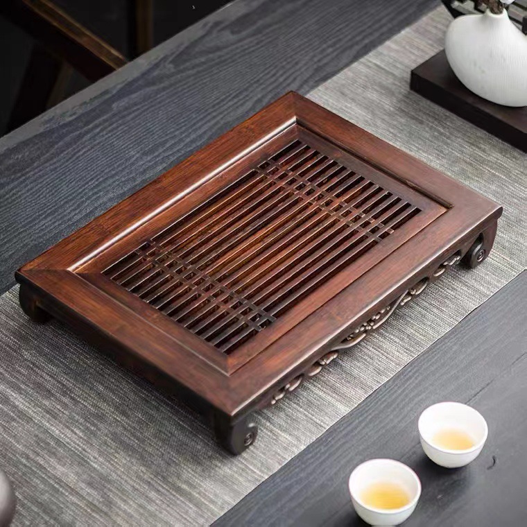 Bamboo Tea Tray - 木製茶器セット、水収納トレイ付き、竹製乾茶ラック、オフィス用引き出し式茶卓