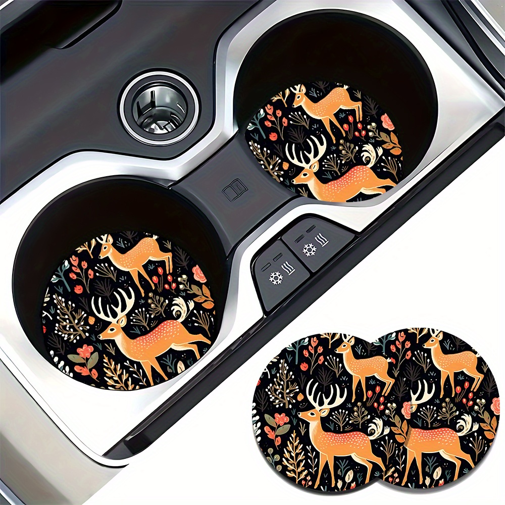 Coffee Tea Etc - 鹿柄の車用コースター2枚 - 家や車に最適、コーヒー、紅茶などの飲み物用のスタイリッシュなドリンクホルダー、楽しいデザイン | 滑り止めパッド