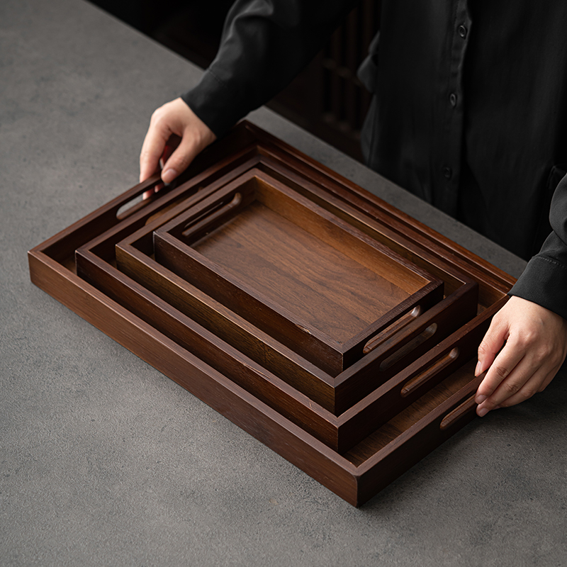 Bamboo Tea Tray - 大型長方形竹製茶盆ディスプレイプレート、ウォールナットカラー、茶器カップ収納、ハンドル付き、家庭用、和風茶道具プレート