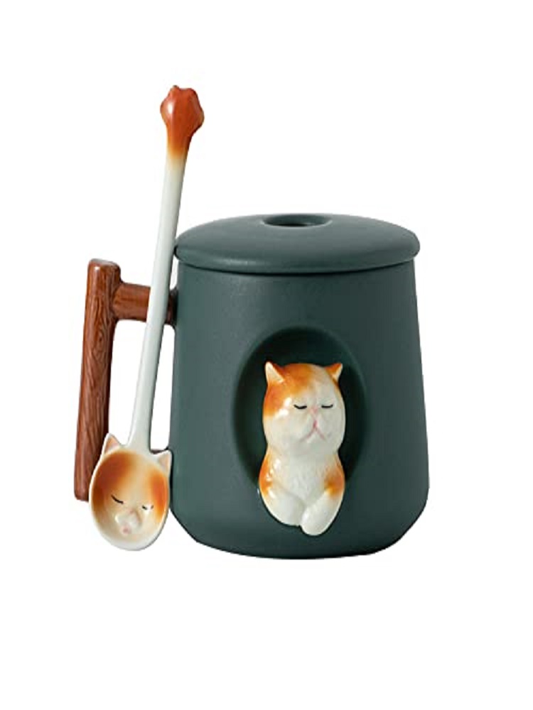 愛らしい3Dセラミック猫型マグカップ（蓋とスプーン付き）-コ - Coffee Tea Spoon のレビューと価格