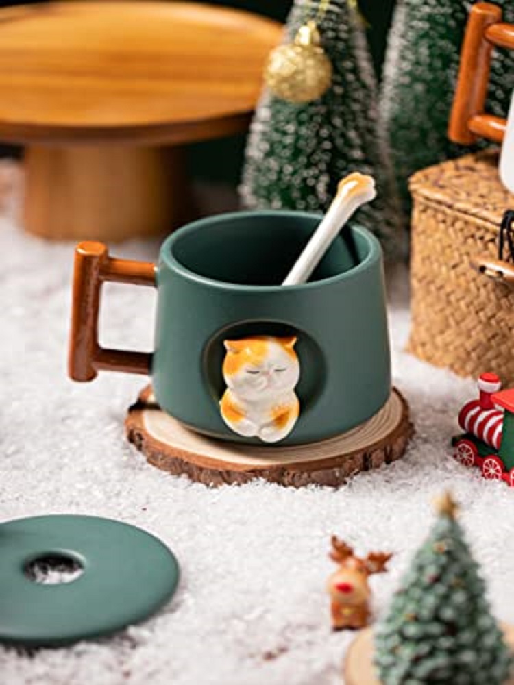 愛らしい3Dセラミック猫型マグカップ（蓋とスプーン付き）-コ - Coffee Tea Spoon のレビューと価格