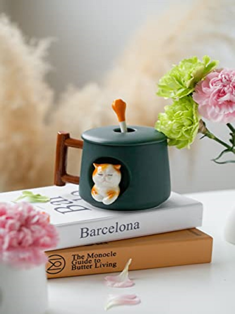 愛らしい3Dセラミック猫型マグカップ（蓋とスプーン付き）-コ - Coffee Tea Spoon のレビューと価格