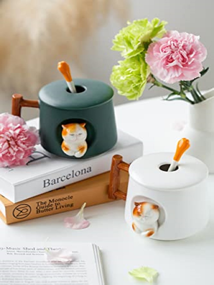 愛らしい3Dセラミック猫型マグカップ（蓋とスプーン付き）-コ - Coffee Tea Spoon のレビューと価格