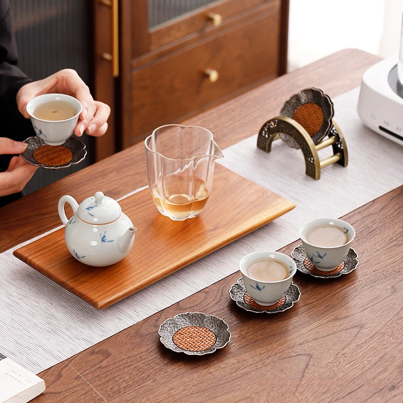 中国アンティーク銀合金コースター竹マット断熱ティーカップトレ - Bamboo Tea Tray のレビューと価格