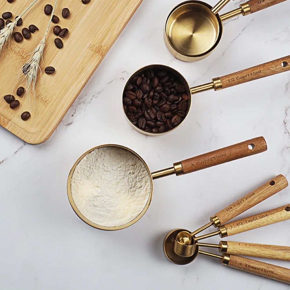 新しいステンレス製計量カップスプーン木製ハンドルゴールドベー - Coffee Tea Spoon のレビューと価格