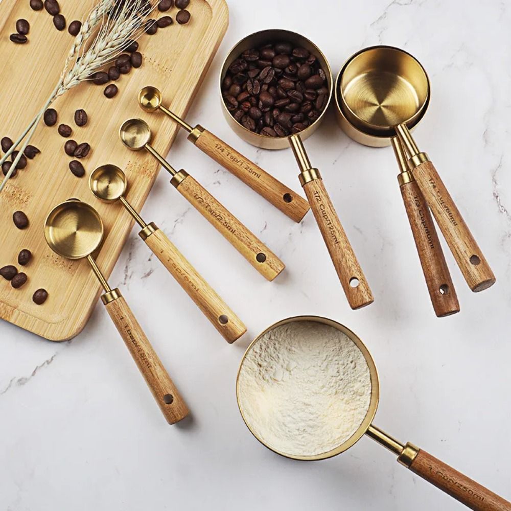 新しいステンレス製計量カップスプーン木製ハンドルゴールドベー - Coffee Tea Spoon のレビューと価格